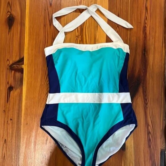 BODEN SANTORINI | Nautical 1-PIECE SWIMSUIT | 14 | Turquoise White Navy | EUC - Picture 2 of 5
